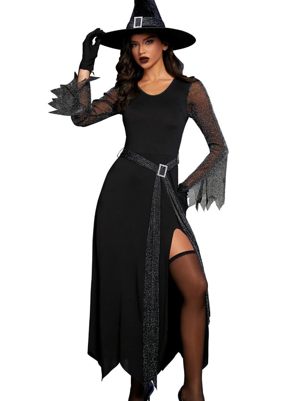 3906 4 Pcs Sexy Witch Costume, Hat Glove G String Maxi Dress, Halloween